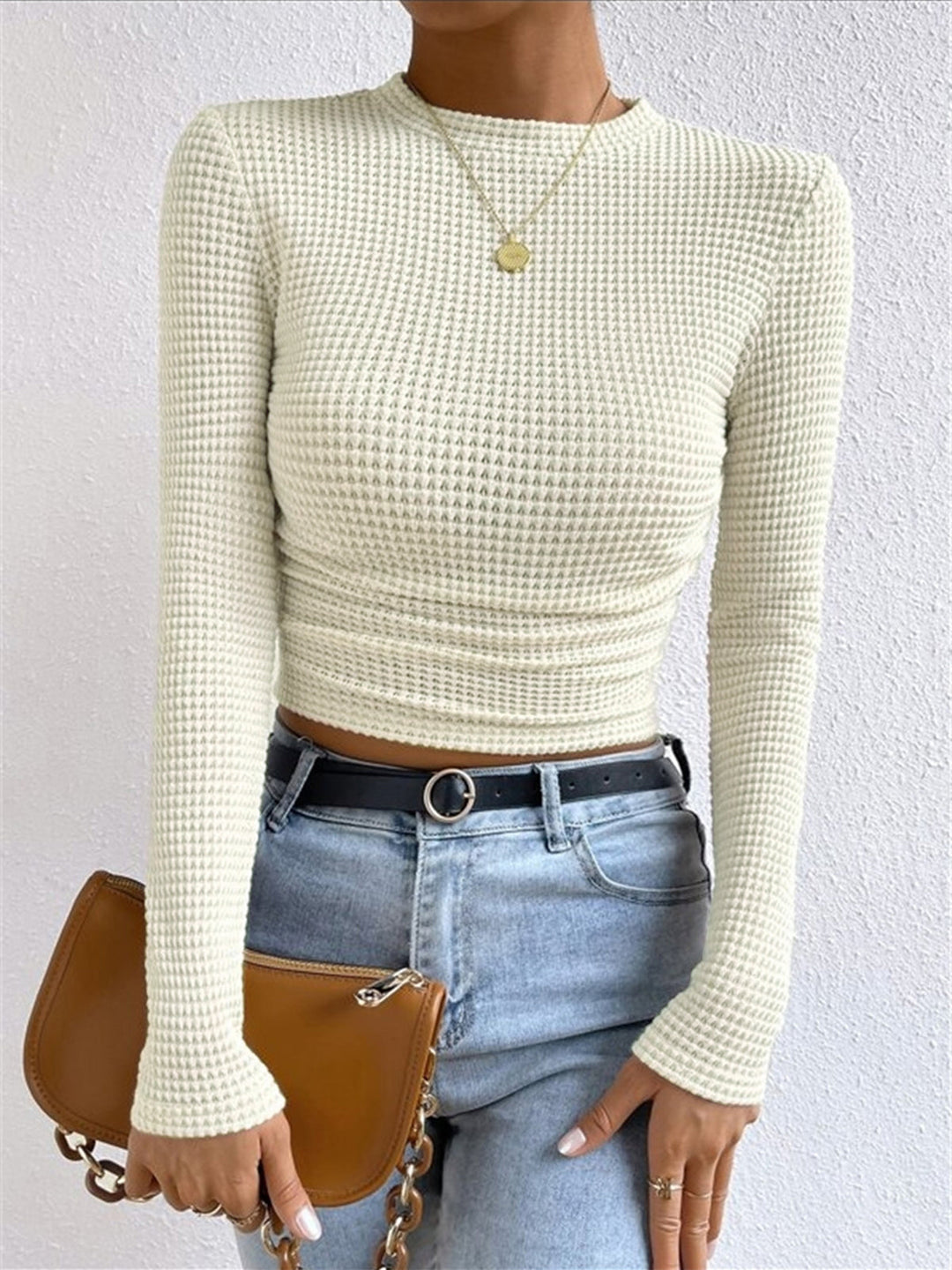 Lisette Waffle Knit Long Sleeve Top Crew Neck for Women in Apricot