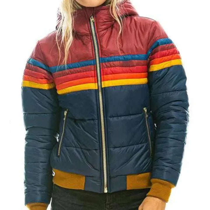 Retro Striped Hooded Puffer Jacket — puffer jacket for women in black