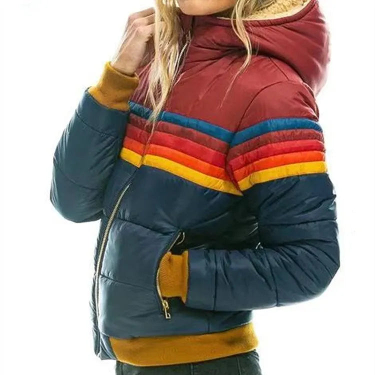 Retro Striped Hooded Puffer Jacket — puffer jacket for women in turquoise