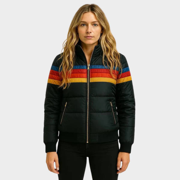 Retro Striped Hooded Puffer Jacket — puffer jacket for women in navy blue