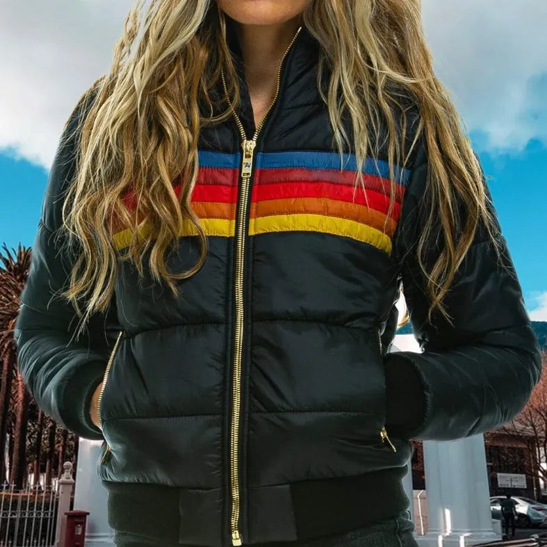 Retro Striped Hooded Puffer Jacket — puffer jacket for women in black