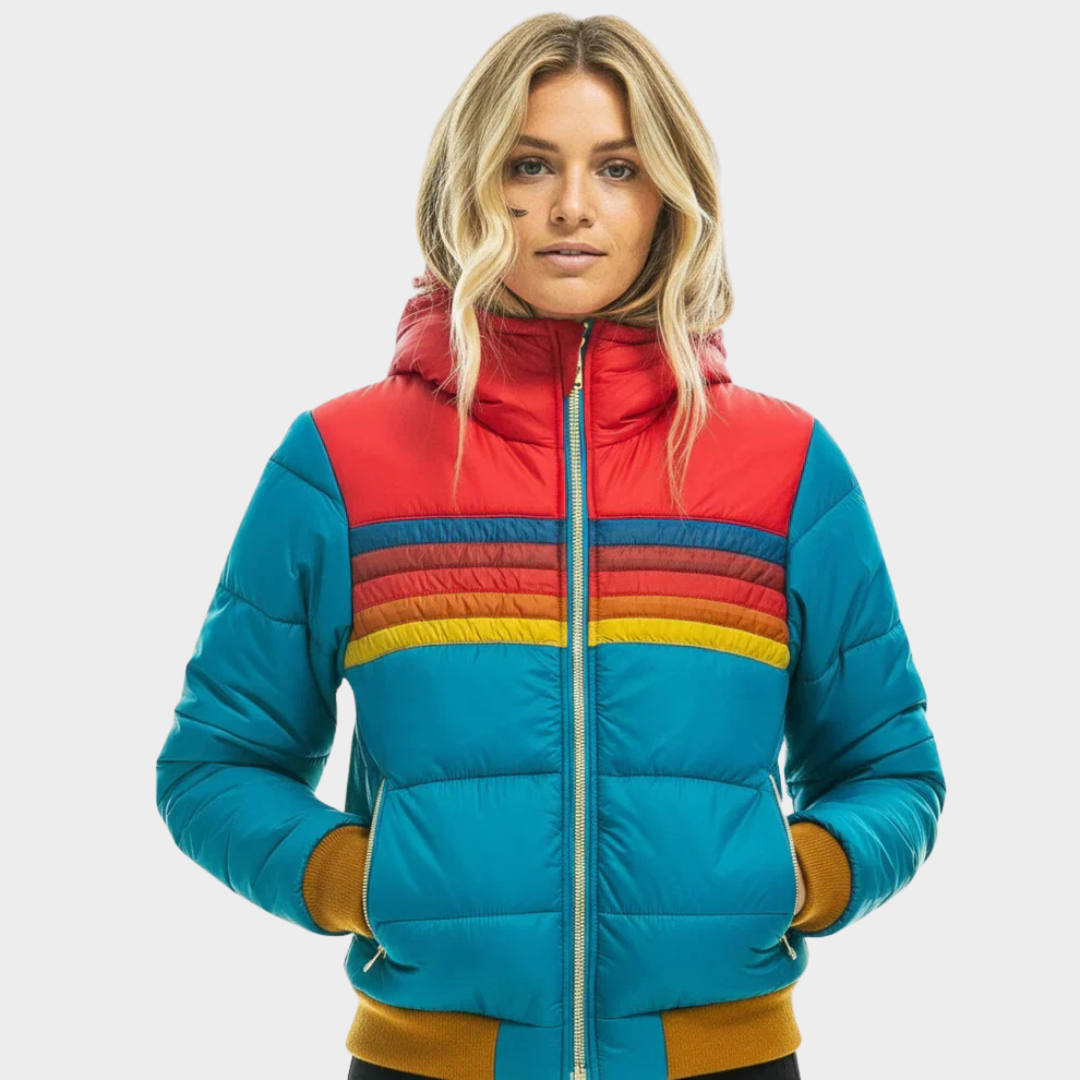 Retro Striped Hooded Puffer Jacket — puffer jacket for women in turquoise
