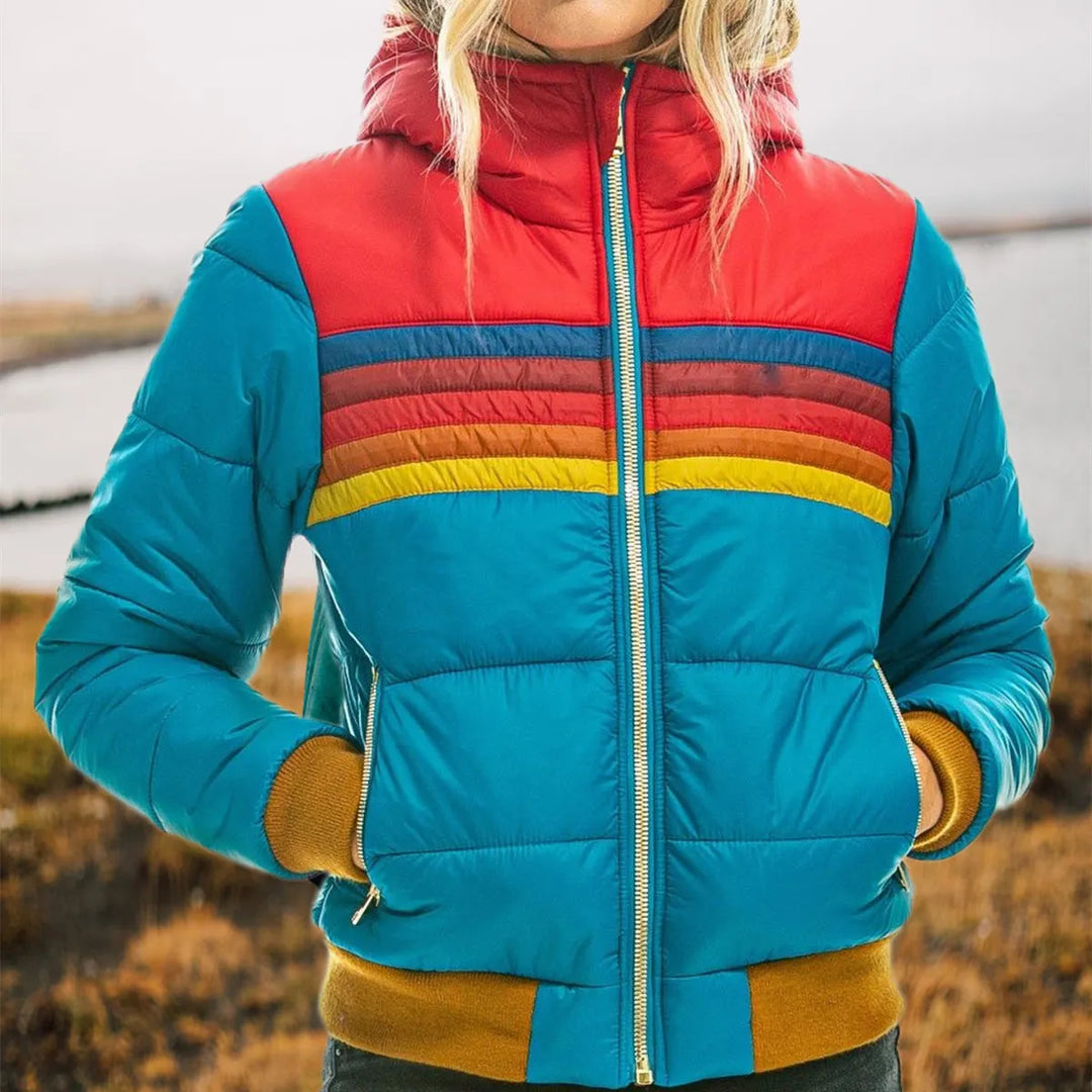 Retro Striped Hooded Puffer Jacket — puffer jacket for women in navy blue