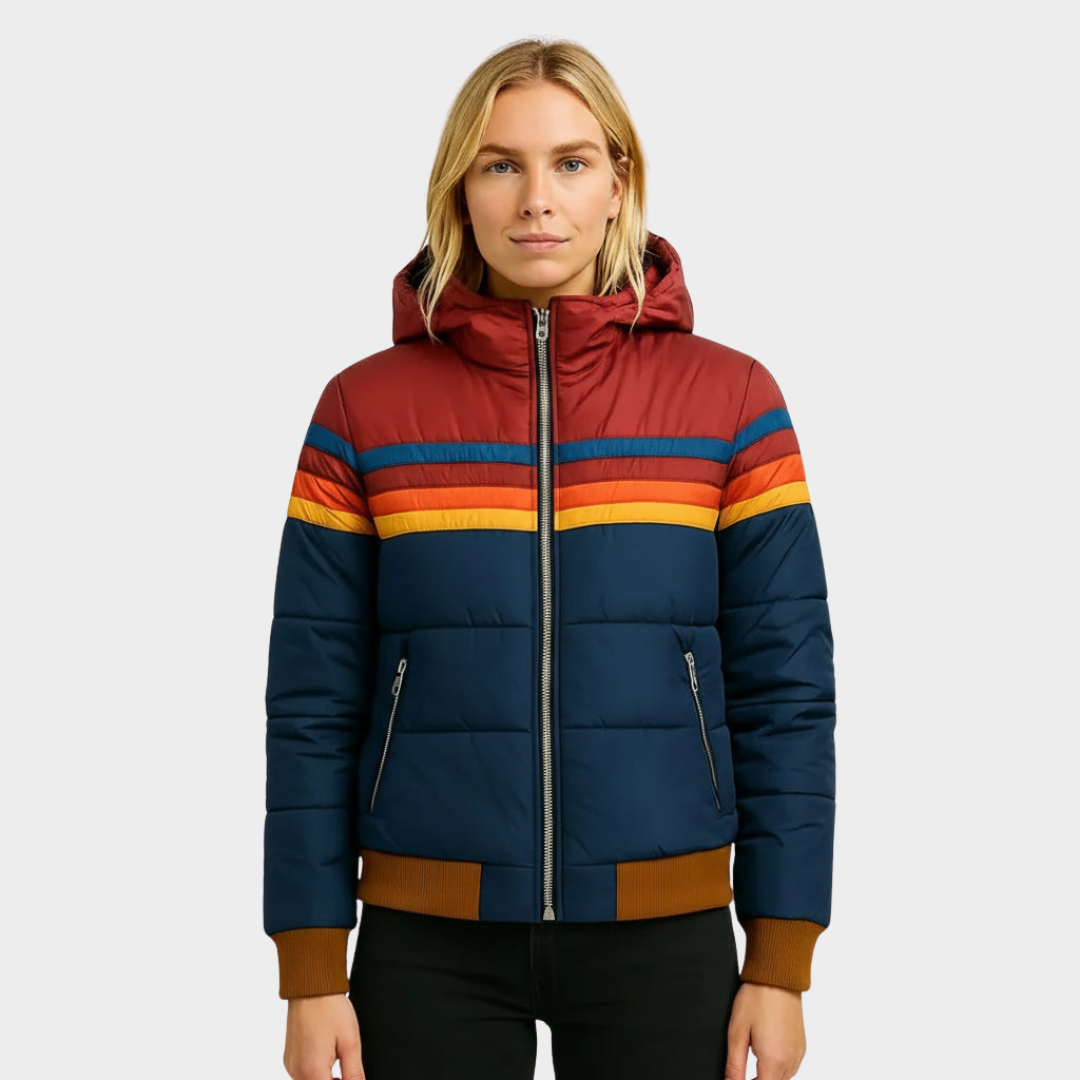 Retro Striped Hooded Puffer Jacket — puffer jacket for women in navy blue