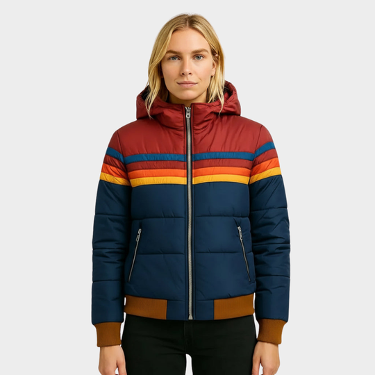 Retro Striped Hooded Puffer Jacket — puffer jacket for women in navy blue