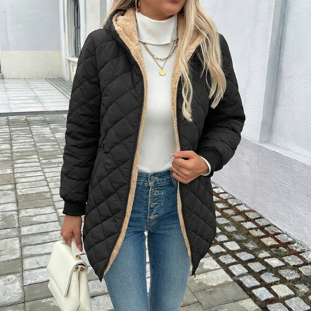 Irène Quilted Coat Hooded Longline Zip Front for Women in Black