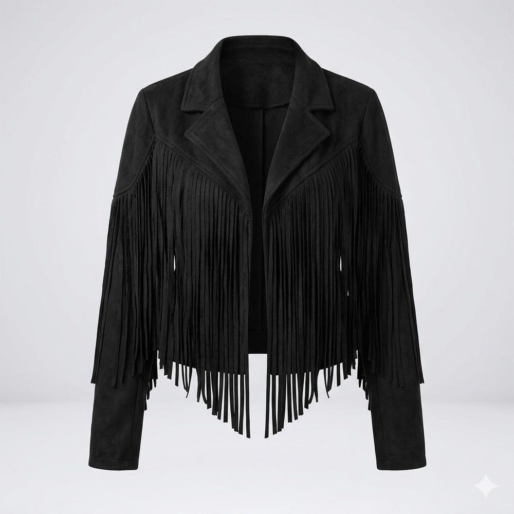 Woman wearing a fringe faux leather biker jacket with a cropped western cut