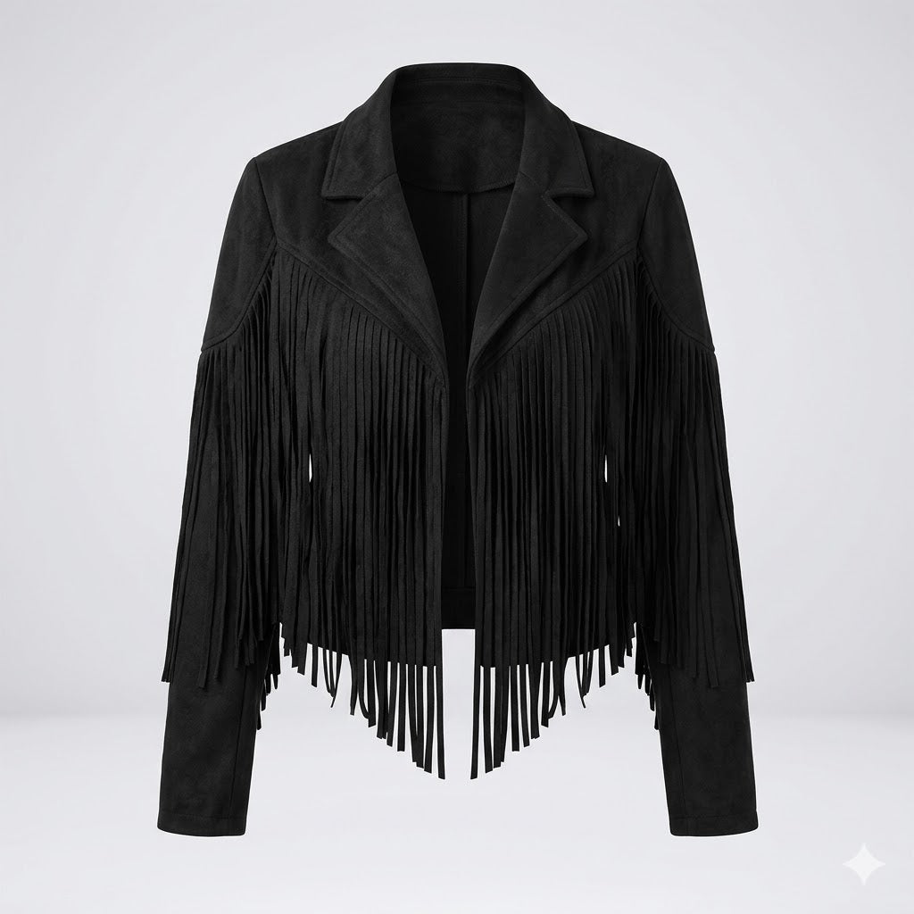 Woman wearing a fringe faux leather biker jacket with a cropped western cut