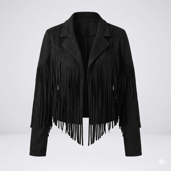 Woman wearing a fringe faux leather biker jacket with a cropped western cut