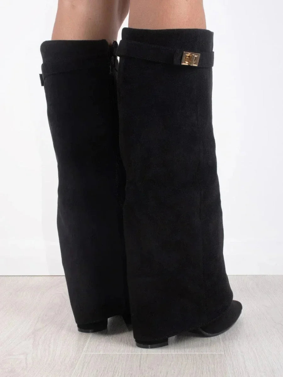 Fold Over Suede Knee High Boots — knee high boots for women in beige