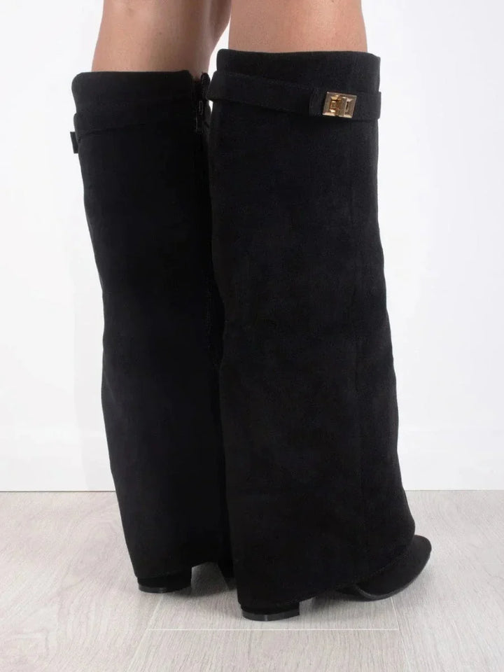 Fold Over Suede Knee High Boots — knee high boots for women in beige