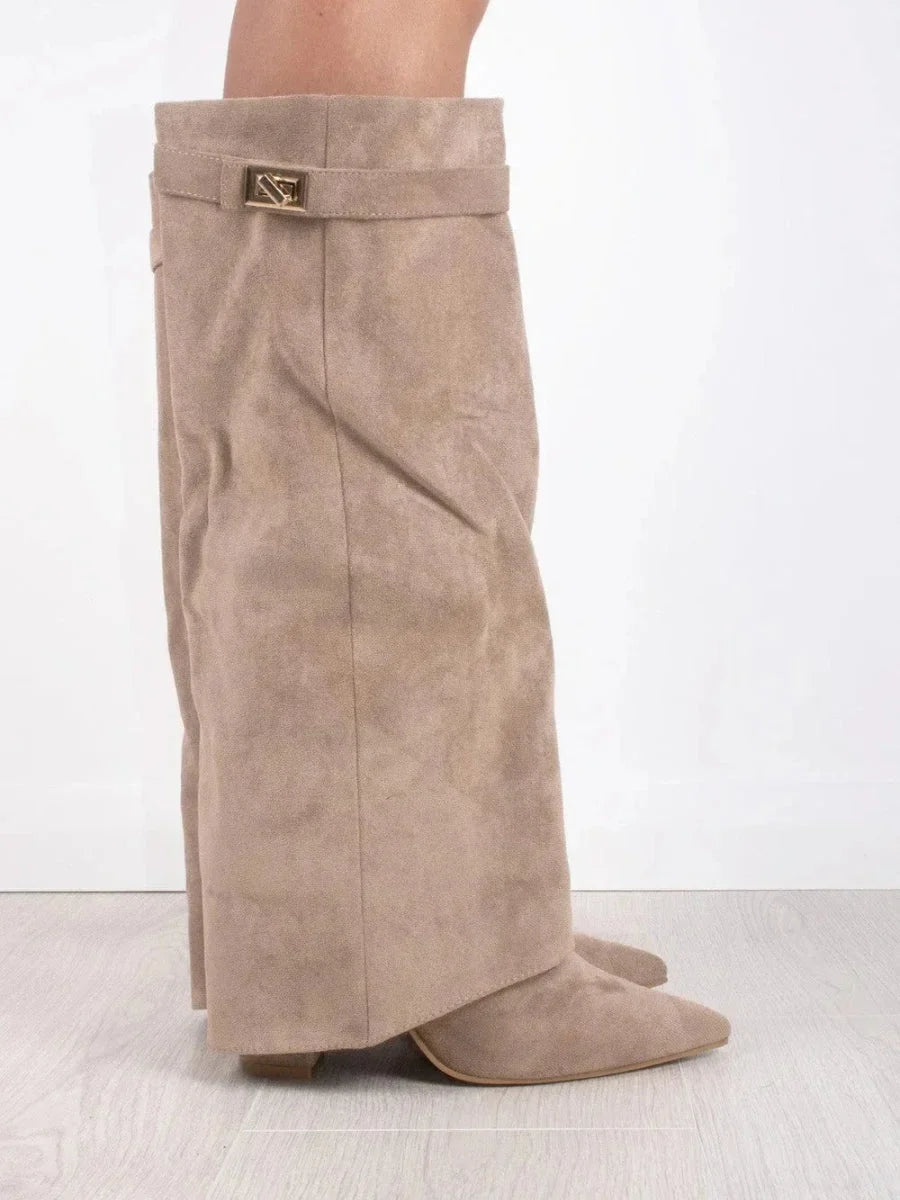 Fold Over Suede Knee High Boots — knee high boots for women in beige