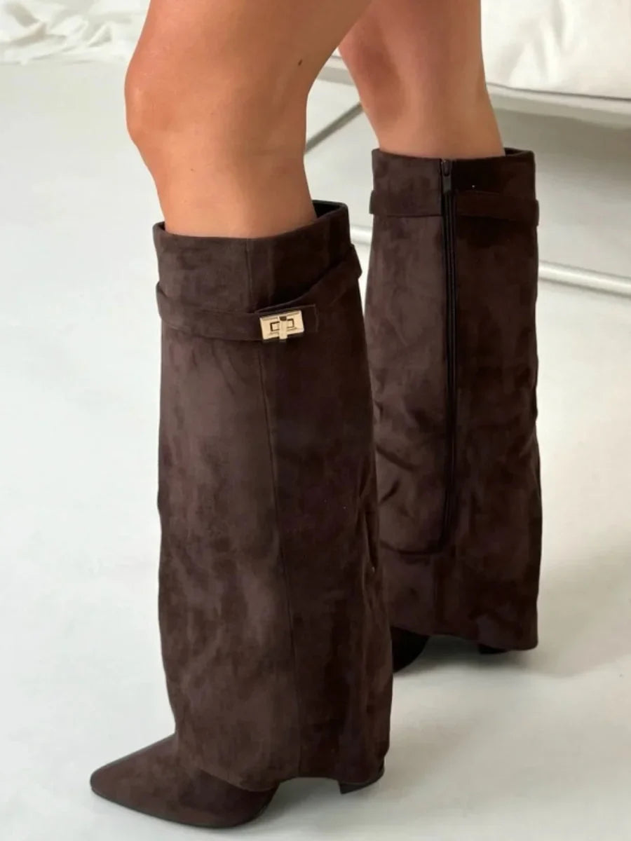 Fold Over Suede Knee High Boots — knee high boots for women in black