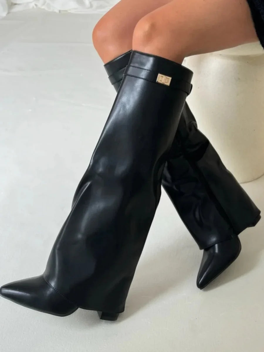 Fold Over Suede Knee High Boots — knee high boots for women in beige