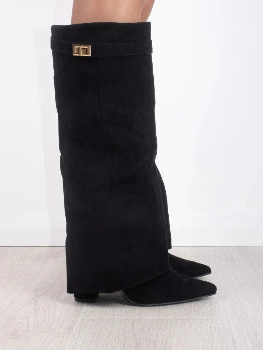 Fold Over Suede Knee High Boots — knee high boots for women in brown