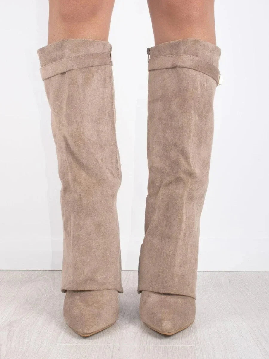 Fold Over Suede Knee High Boots — knee high boots for women in black leather