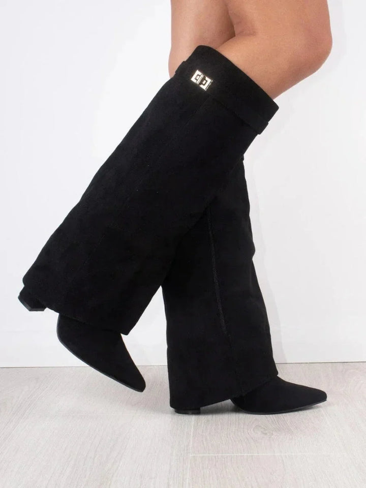 Fold Over Suede Knee High Boots — knee high boots for women in black leather