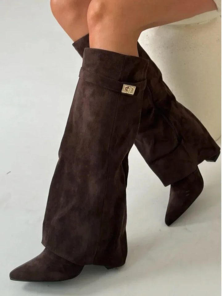 Fold Over Suede Knee High Boots — knee high boots for women in brown