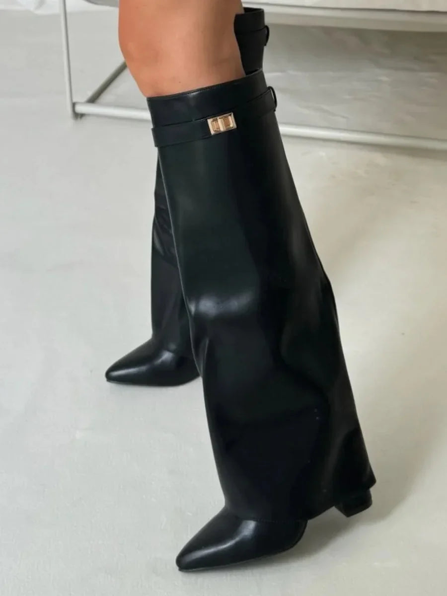 Fold Over Suede Knee High Boots — knee high boots for women in black leather