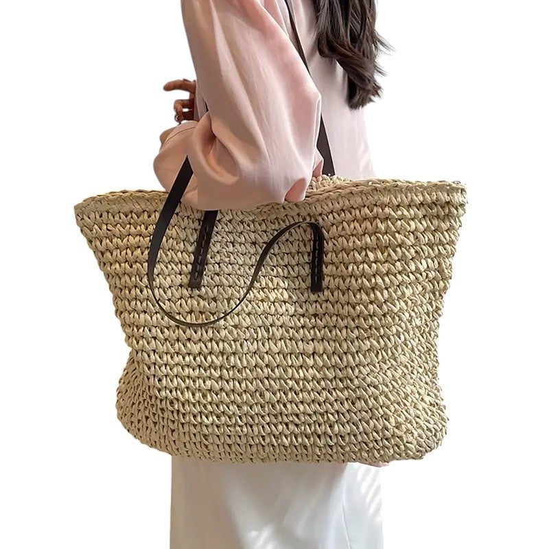 Leontine | Woven Straw Tote Bag for Women - strap detail