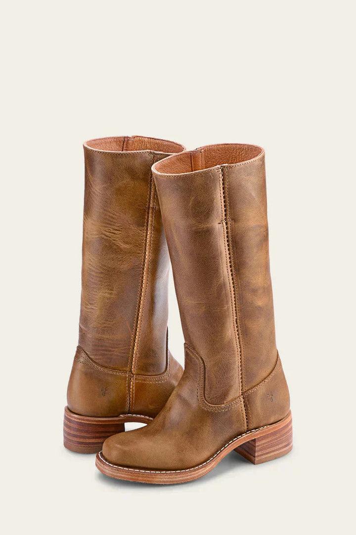 Block Heel Leather Riding Boots — knee high boots for women in dark brown