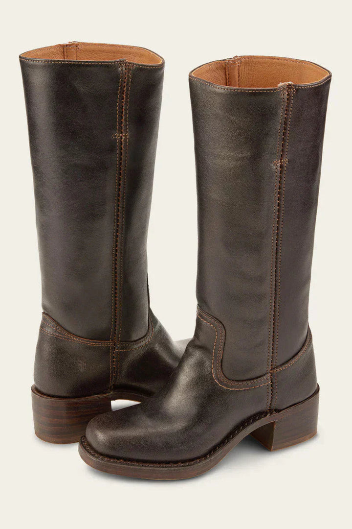 Block Heel Leather Riding Boots — knee high boots for women in brown