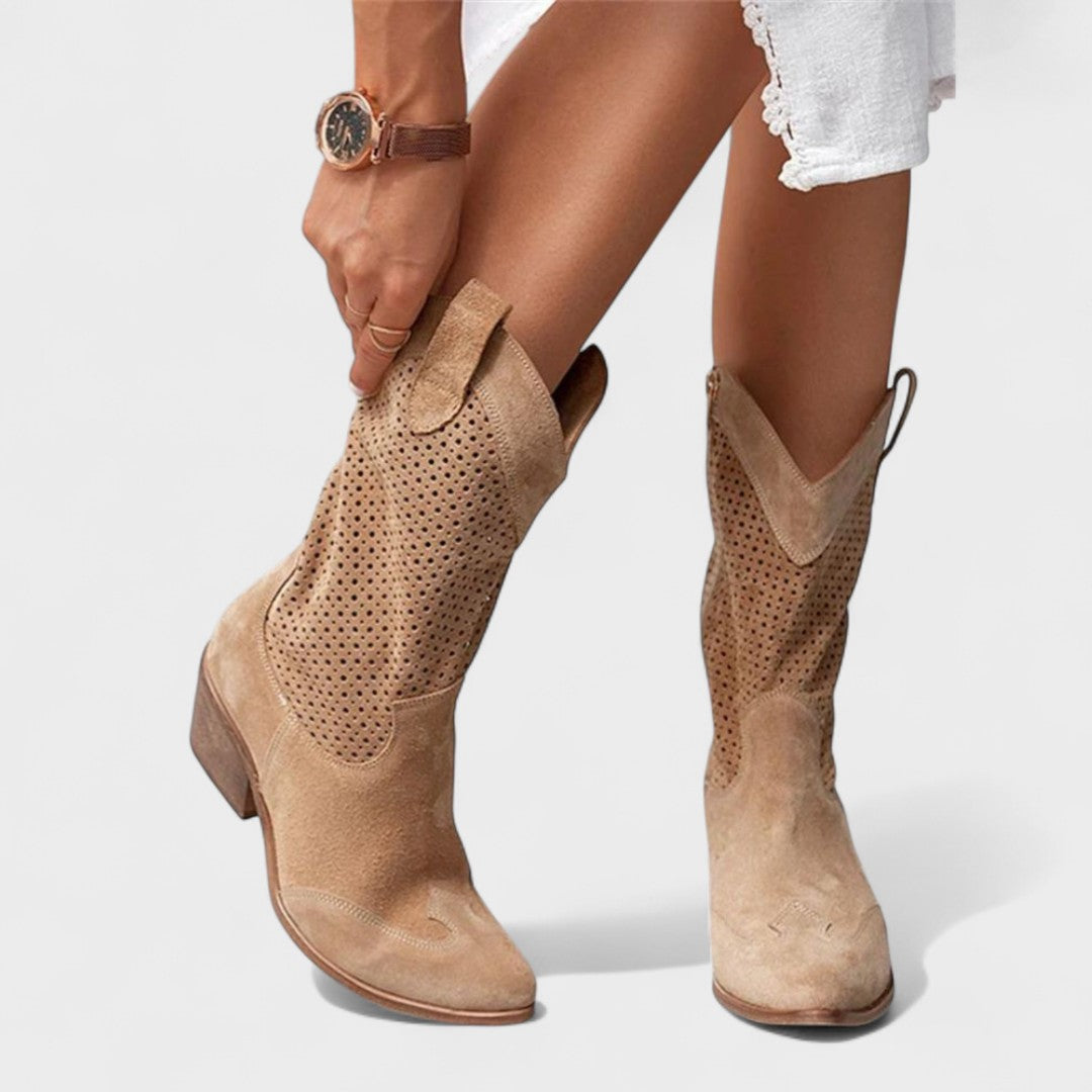 Perforated Western Cowboy Boots — cowboy boots for women in beige