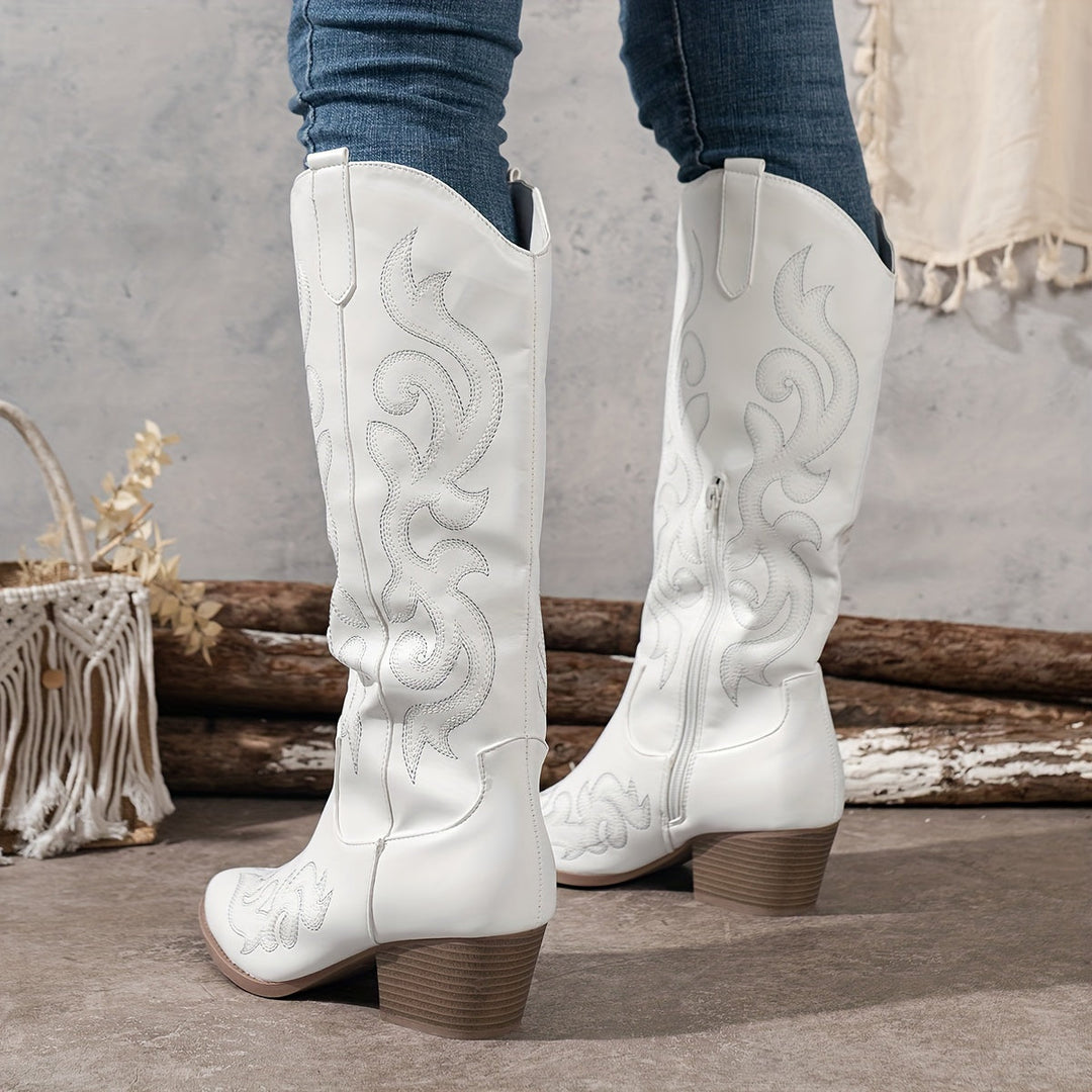 Knee High Embroidered Cowboy Boots — cowboy boots for women in white