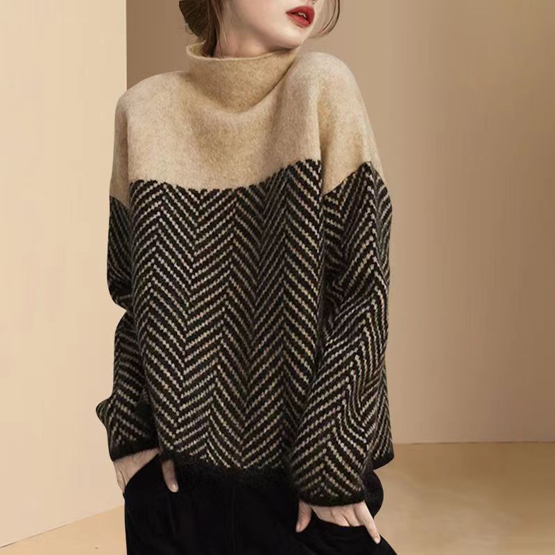 Verity Herringbone Knit Sweater Crew Neck for Women in Khaki