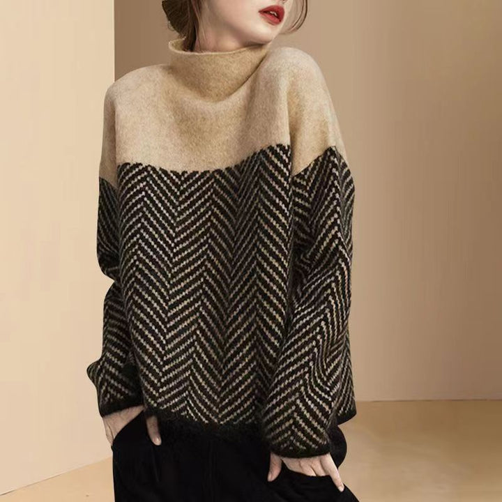 Verity Herringbone Knit Sweater Crew Neck for Women in Khaki