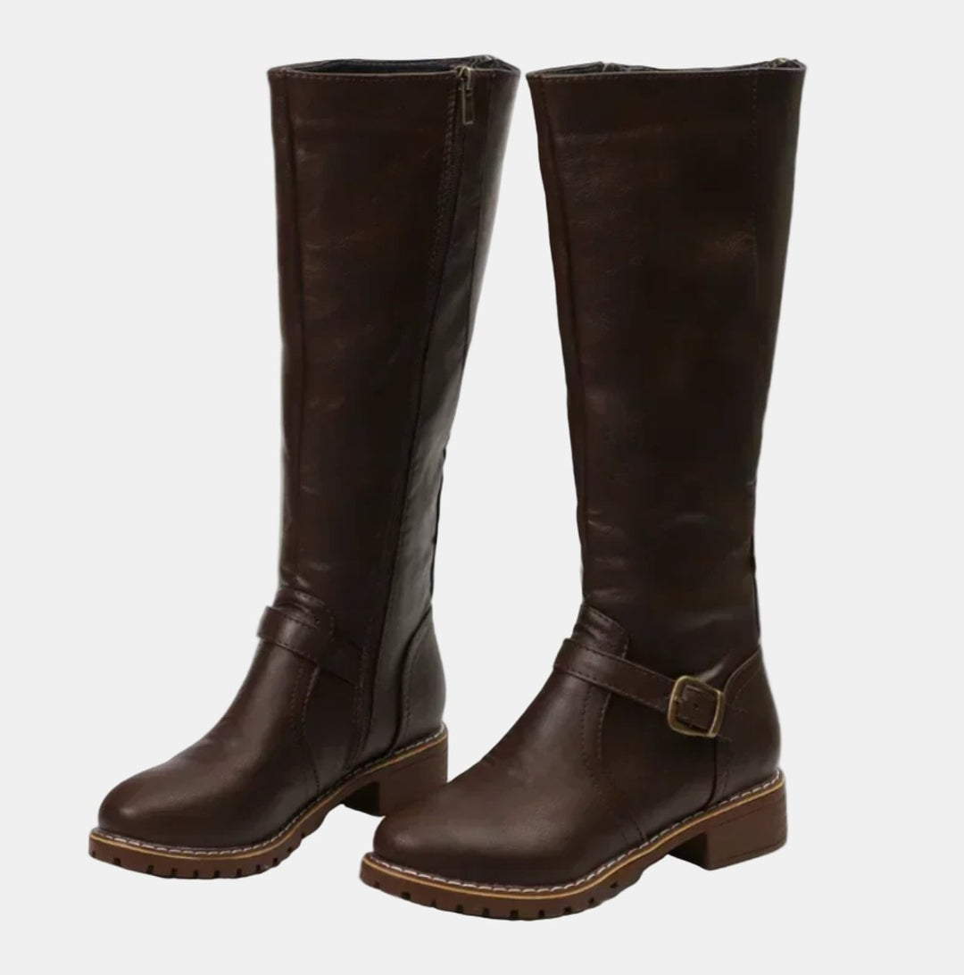 Flat Riding Knee High Boots — knee high boots for women in dunkelbraun