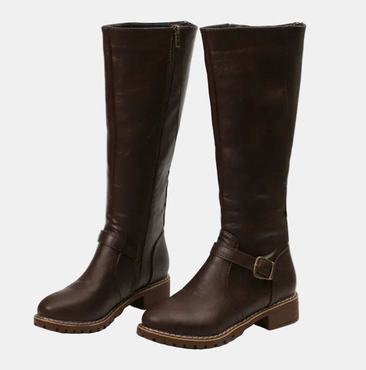 Flat Riding Knee High Boots — knee high boots for women in dunkelbraun