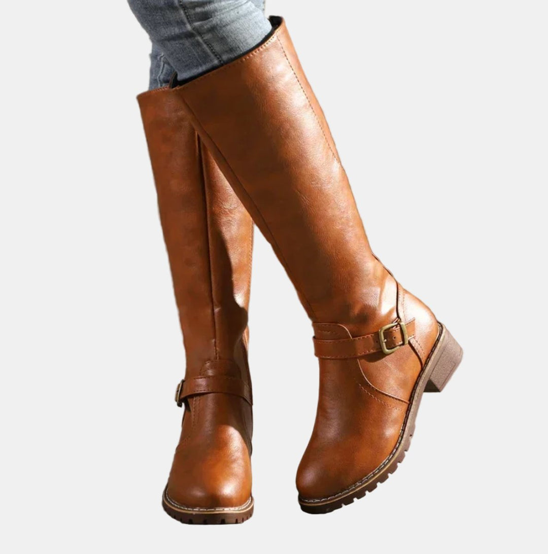 Flat Riding Knee High Boots — knee high boots for women in braun