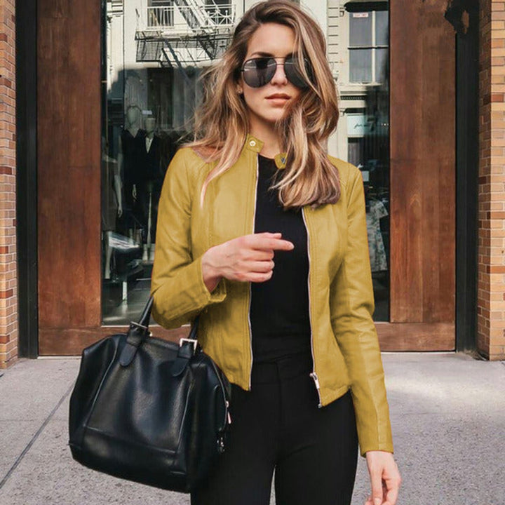 Slim fit faux leather biker jacket with a short stand collar
