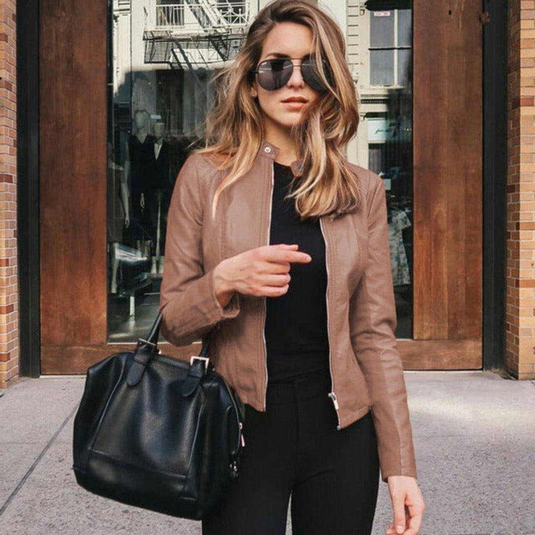 Slim fit faux leather biker jacket with a short stand collar