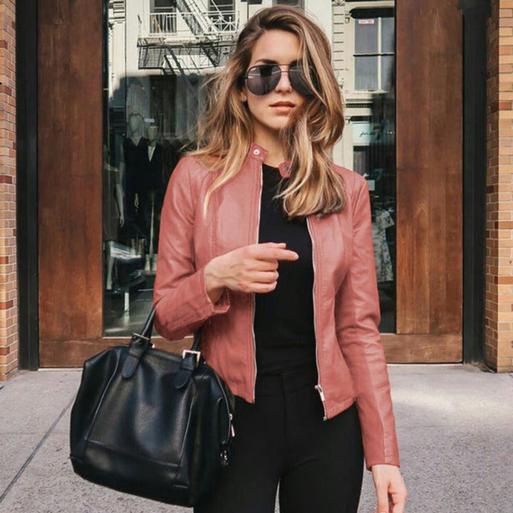 Slim fit faux leather biker jacket with a short stand collar