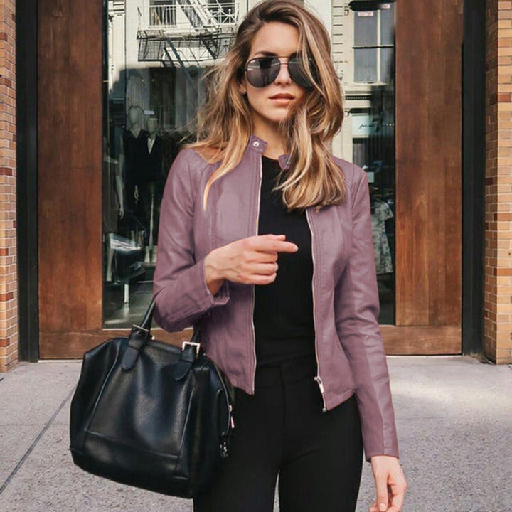 Slim fit faux leather biker jacket with a short stand collar
