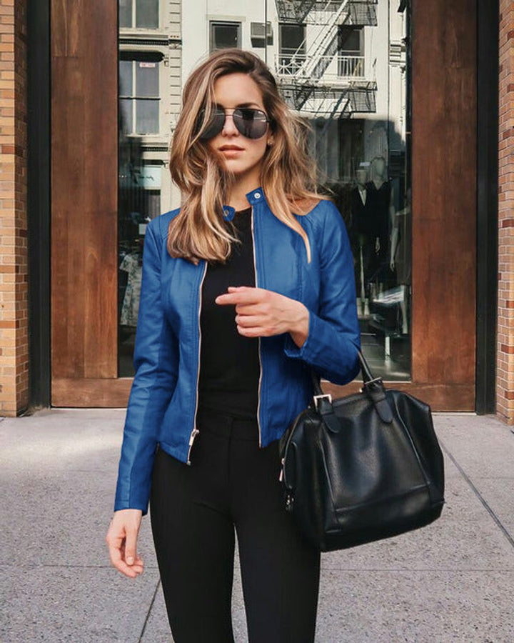 Slim fit faux leather biker jacket with a short stand collar