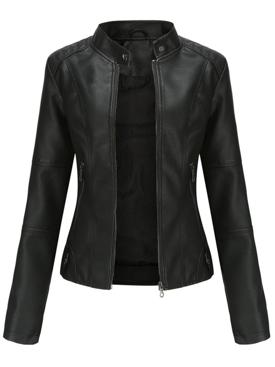 Fitted faux leather biker jacket with a stand collar and angled zip pockets