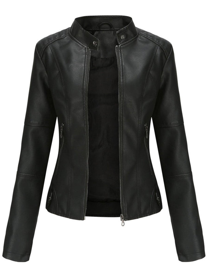 Fitted faux leather biker jacket with a stand collar and angled zip pockets