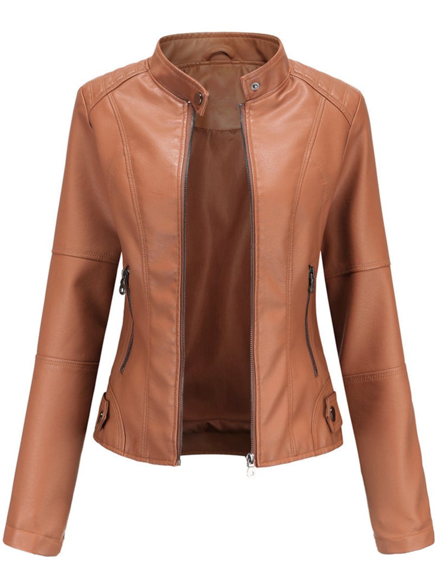 Fitted faux leather biker jacket with a stand collar and angled zip pockets