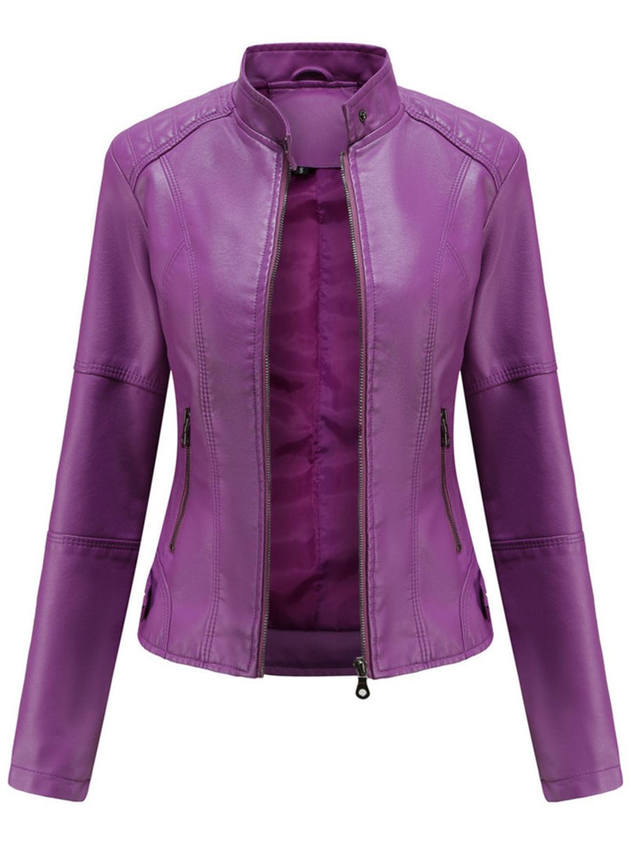 Fitted faux leather biker jacket with a stand collar and angled zip pockets