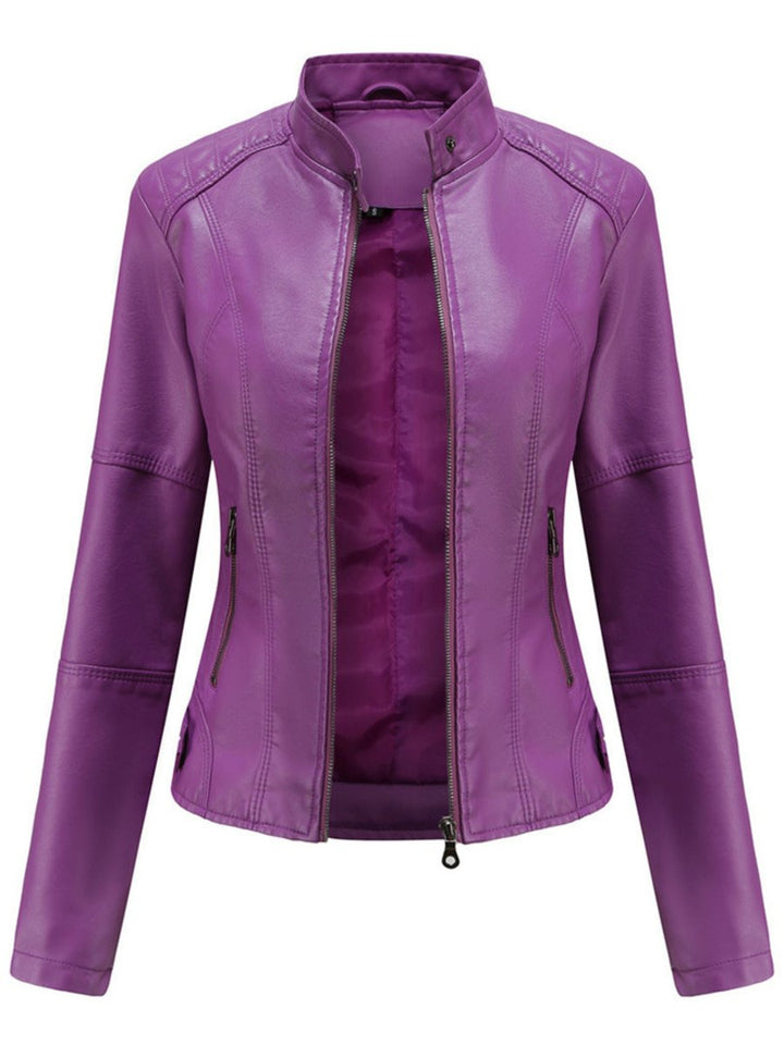Fitted faux leather biker jacket with a stand collar and angled zip pockets