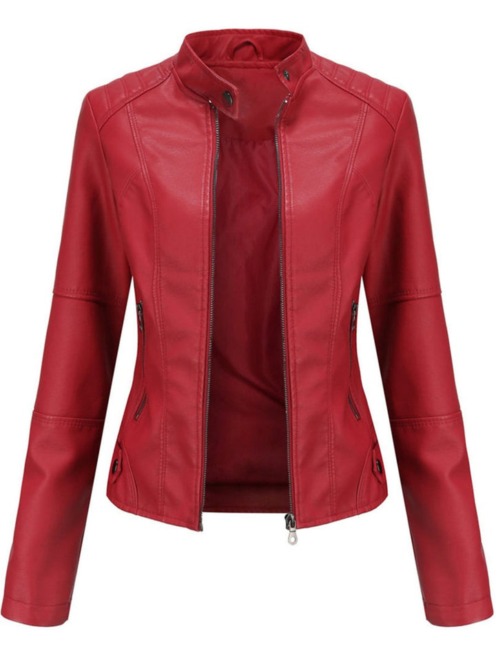 Fitted faux leather biker jacket with a stand collar and angled zip pockets