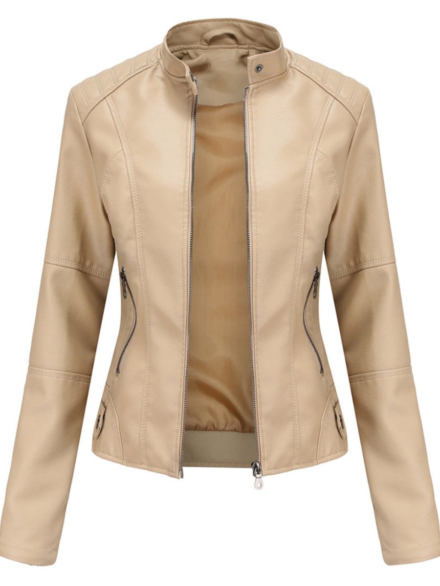Fitted faux leather biker jacket with a stand collar and angled zip pockets