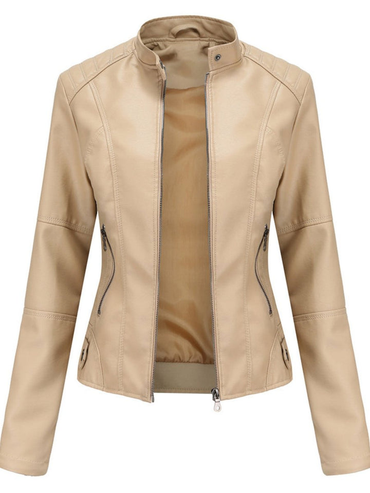Fitted faux leather biker jacket with a stand collar and angled zip pockets