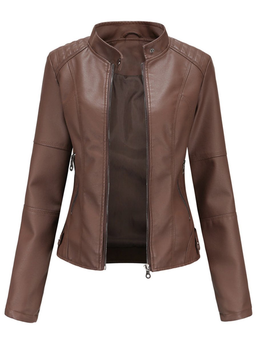Fitted faux leather biker jacket with a stand collar and angled zip pockets