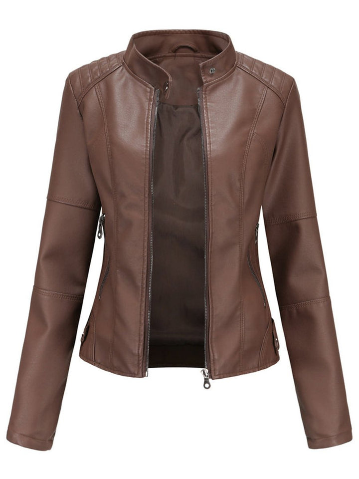 Fitted faux leather biker jacket with a stand collar and angled zip pockets