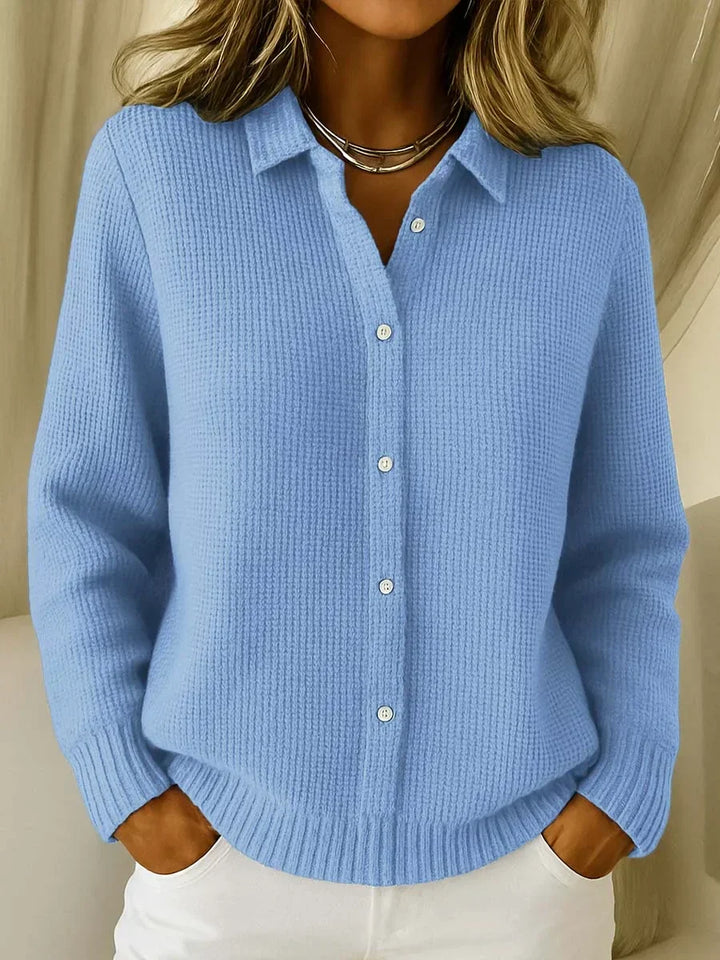 Harlow Elegant Waffle Knit Cardigan Button Up Collar for Women in Blue