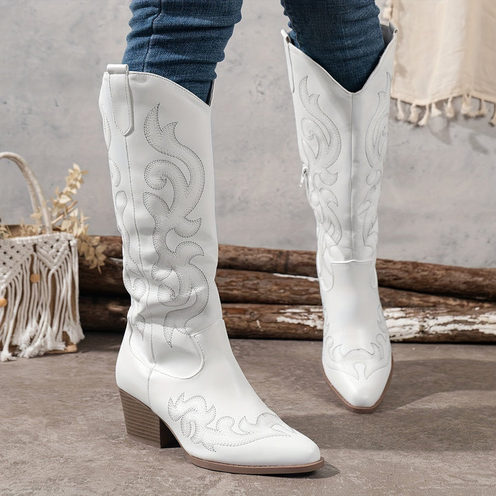 Knee High Embroidered Cowboy Boots — cowboy boots for women in white